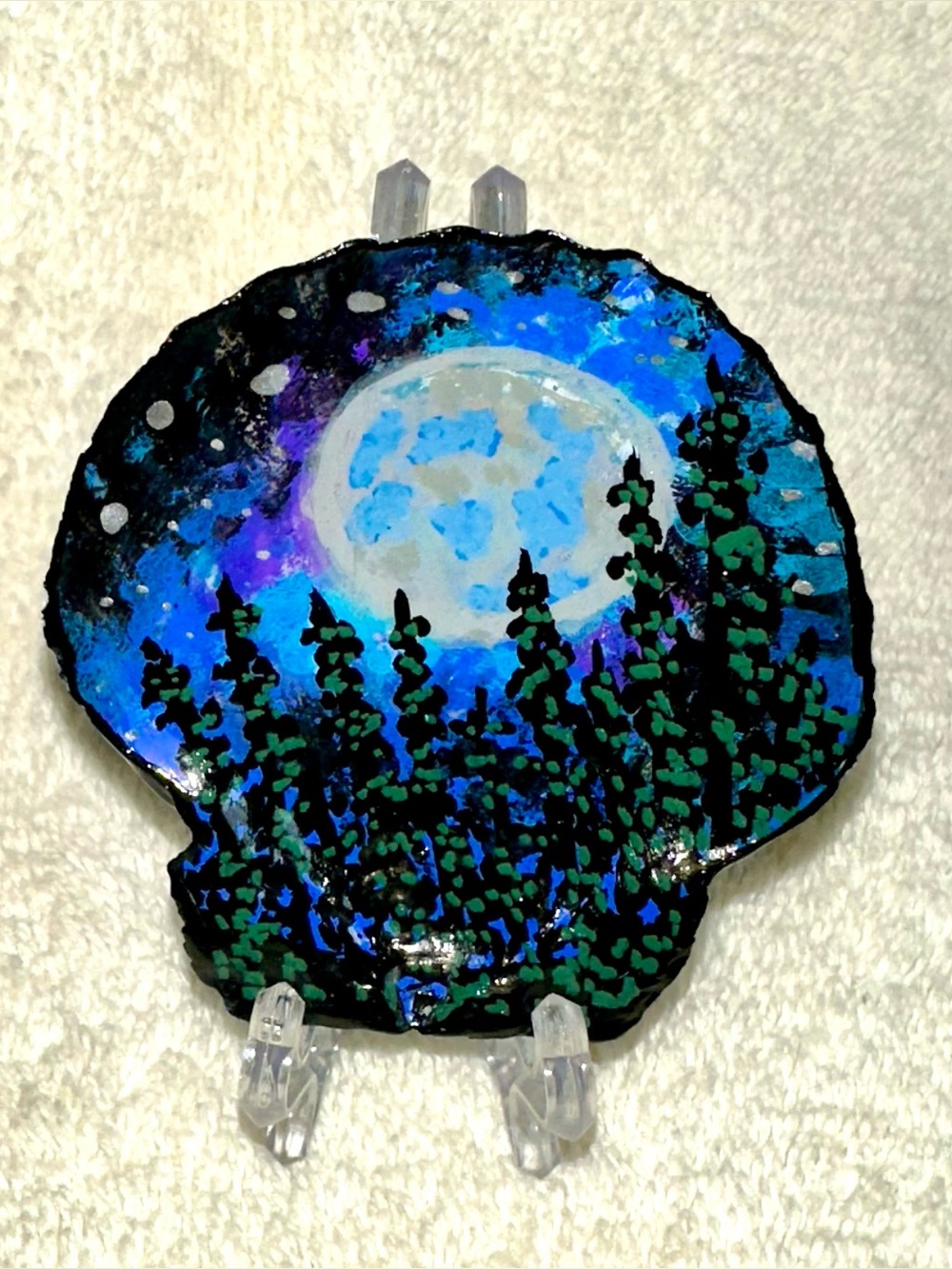 Hand Painted Ocean Waves & Moonlight Pine Forest Seashell Art